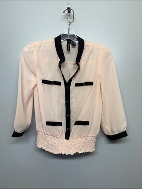 Fun & Flirt Peach Pink Blush Sheer Blouse with Black Trim Smocked Waist